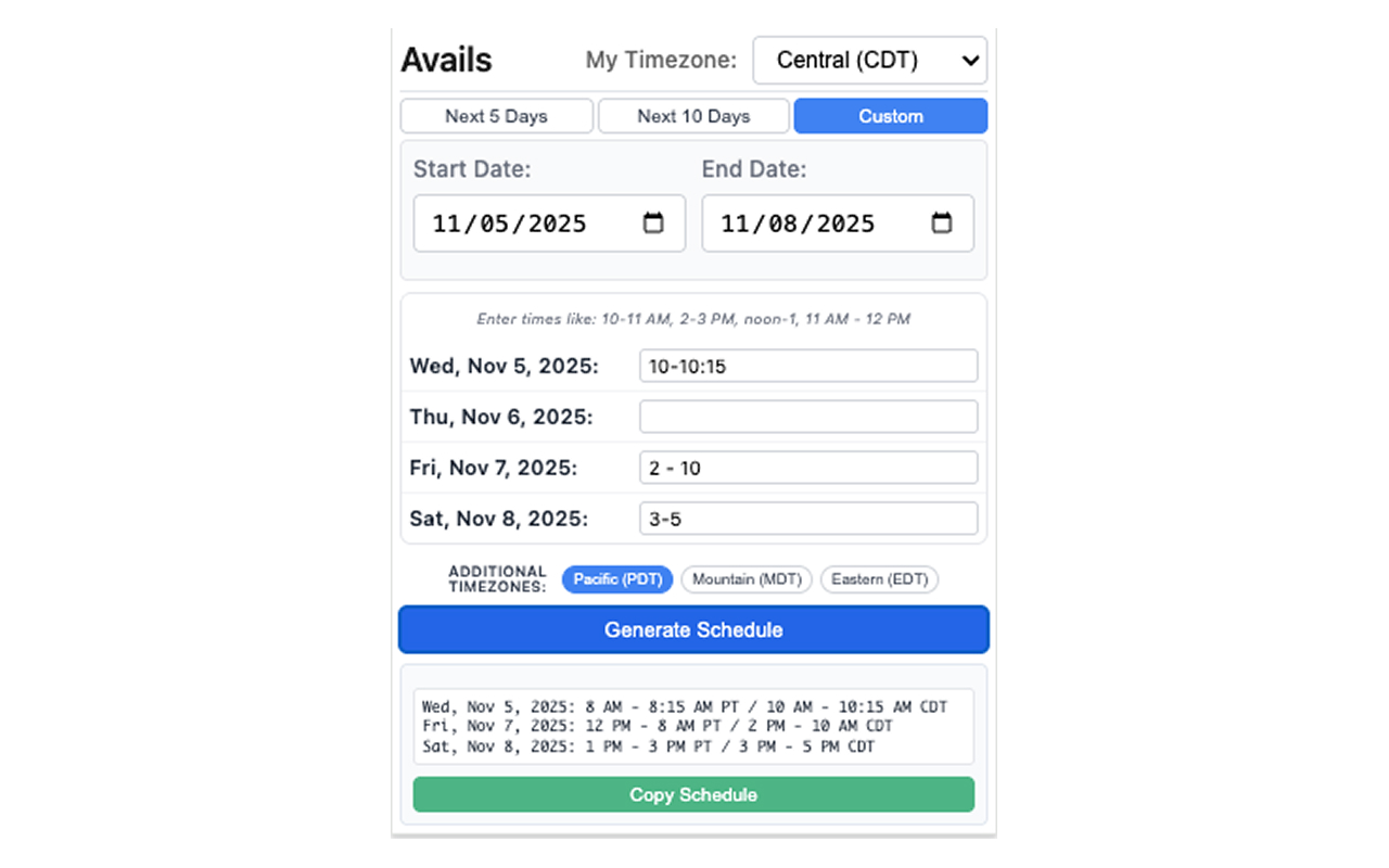 Avails showing a custom-date schedule converted across multiple timezones.