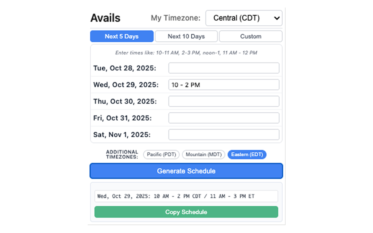 Avails generating a schedule that converts 10 AM to 2 PM Central into 11 AM to 3 PM Eastern, with a Copy Schedule button.